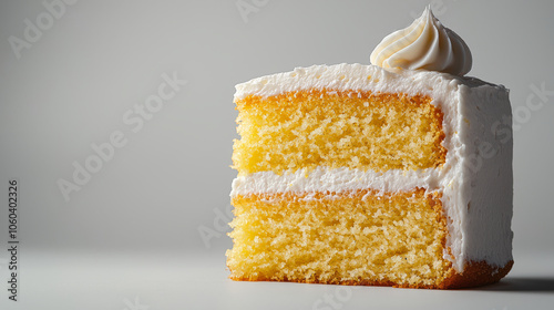 delicious slice of lemon drizzle cake with fluffy frosting on top, showcasing its moist texture and inviting layers. Perfect for dessert lovers! photo