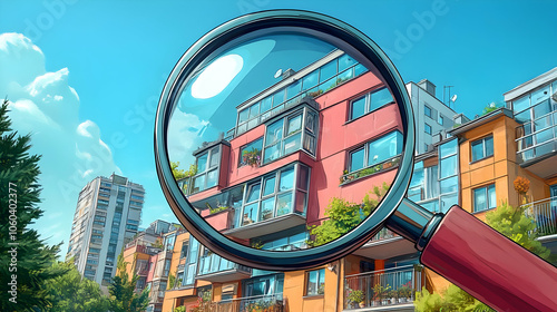 Magnifying Glass View of City Building Illustration