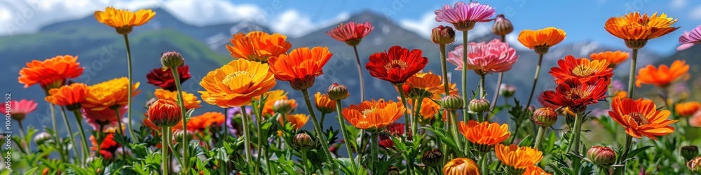 A colorful field of zinnias in shades of orange, pink, and red, set against a stunning mountain backdrop under a clear blue sky.
A colorful field of zinnias in shades of orange, pink, and red, set against a stunning mountain backdrop under a clear blue sky.