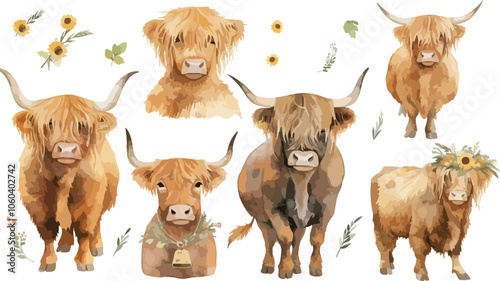 boho baby highland cow watercolor clipart	