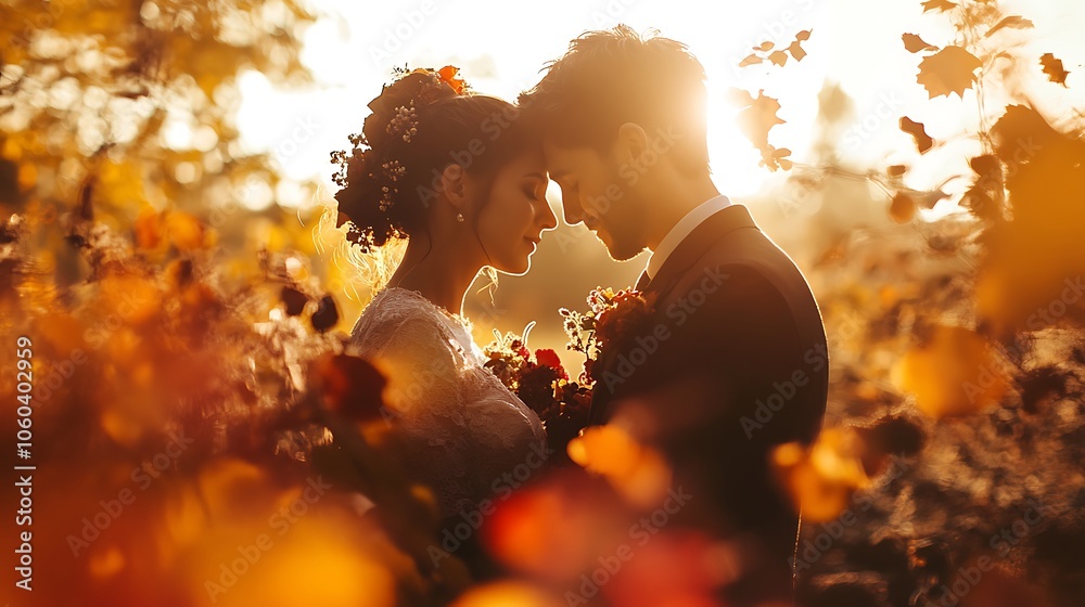 A bride and groom stand face-to-face in a forest, surrounded by autumn leaves, as the sun sets behind them. A bride and groom stand face-to-face in a forest, surrounded by autumn leaves, as the sun sets behind them.