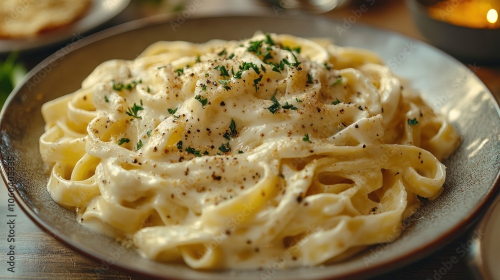Creamy fettuccine alfredo topped with parsley and black pepper on a plate. Creamy fettuccine alfredo topped with parsley and black pepper on a plate.