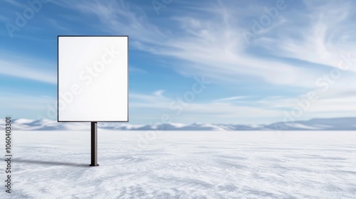 A blank billboard stands in a snowy landscape under a clear blue sky, showcasing an expansive, tranquil environment.