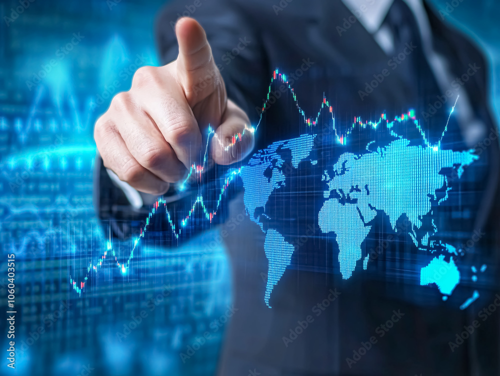 Double exposure of a businessman pointing at a world map and forex chart on a virtual screen, symbolizing global finance and investment. Perfect for business and financial themes. Double exposure of a businessman pointing at a world map and forex chart on a virtual screen, symbolizing global finance and investment. Perfect for business and financial themes.