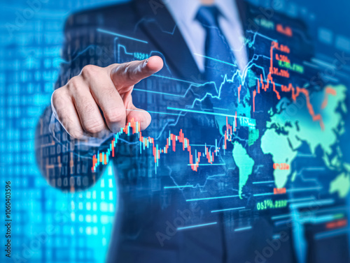 businessman with financial symbols coming from hand - stock market investment concept