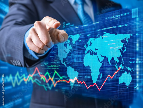 Businessman pointing at a virtual screen with a stock market chart and world map, symbolizing global finance, investment, and business strategy. Perfect for financial and corporate themes.