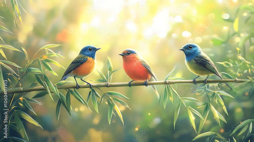 Obraz premium Songbirds perched on bamboo in a peaceful forest, vibrant colors standing out against the lush greenery, sunlight creating soft highlights, intricate feather and foliage details,
