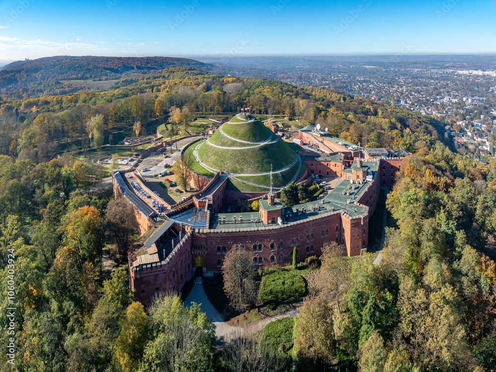 Kosciuszko Mound (Kopiec Kosciuszki) in Krakow, Poland. Erected 1823 commemorates Tadeusz Kosciuszko, surrounded by citadel and fort. Newly renovated in 2024. New excavations. Aerial view in autumn