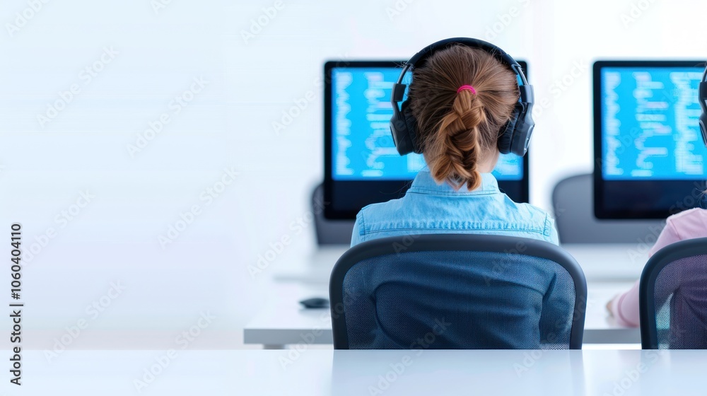 Two individuals are working at computers while wearing headphones, focused on their tasks in a modern, tech-friendly environment. Two individuals are working at computers while wearing headphones, focused on their tasks in a modern, tech-friendly environment.