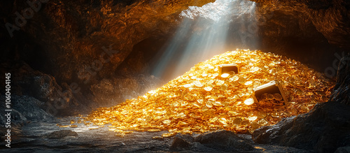 A 3D rendering of gold coins scattered inside a dimly lit cave, showcasing a sense of mystery and discovery. Ideal for themes related to treasure, adventure, and hidden riches.
