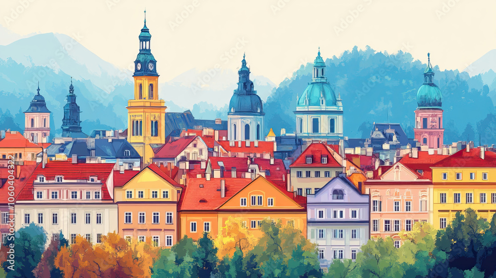Obraz premium Graz, Austria, Pop Art style theme print. Cityscape, city skyline.Vibrant, bright, modern, trendy, graphic designed for poster, card, wallpaper