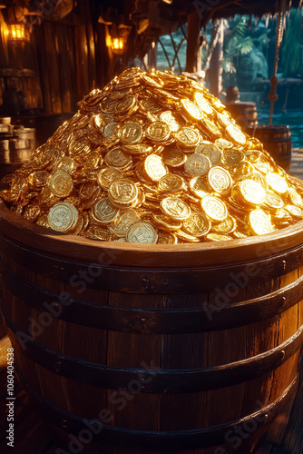 Golden coins overflowing from a wooden barrel, symbolizing wealth and prosperity. This scene is perfect for themes related to fortune, abundance, and financial success.
