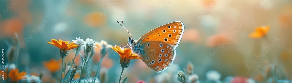 Obraz premium Closeup of a butterfly gently landing on a flower petal, slowmotion capturing the delicate flutter of its wings, surrounded by vibrant wildflowers