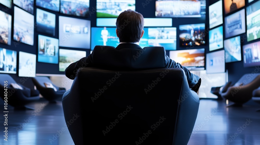 The businessman is situated in a control room that features multiple screens showing various data The businessman is situated in a control room that features multiple screens showing various data