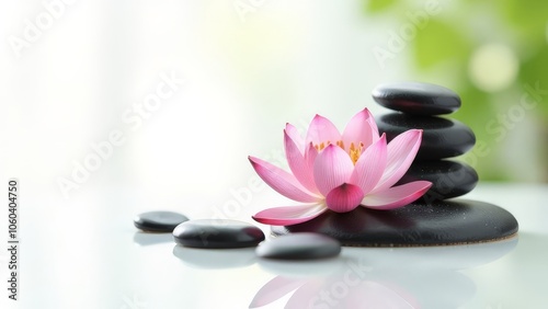 Massage pebbles with lotus flower on a white background.