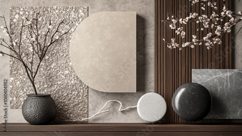 The design of the mudboard design with a top view of decorative elements, including a beige circle with texture and a rectangular element of gray marble.  photo