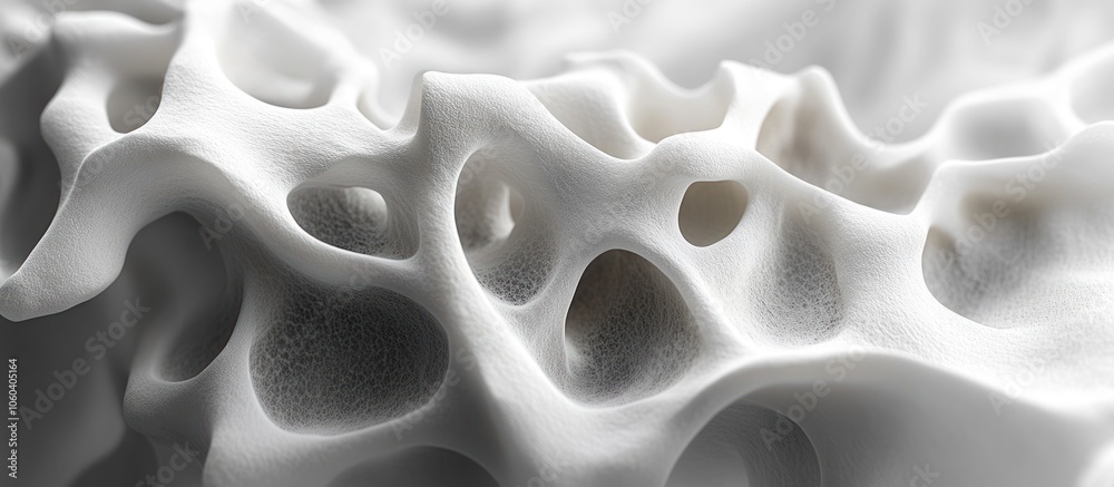 A close-up view of a porous, organic structure resembling intricate bone or coral formations.