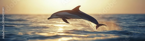A dolphin leaping out of the ocean in slow motion, water spraying upwards as it arcs towards the sky, sparkling sunlight reflecting off the water surface