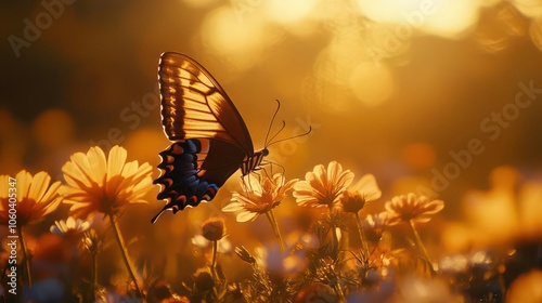 Slowmotion shot of a butterfly delicately landing on a flower, wings gently flapping, vibrant wildflowers surrounding it, golden sunlight filtering through
