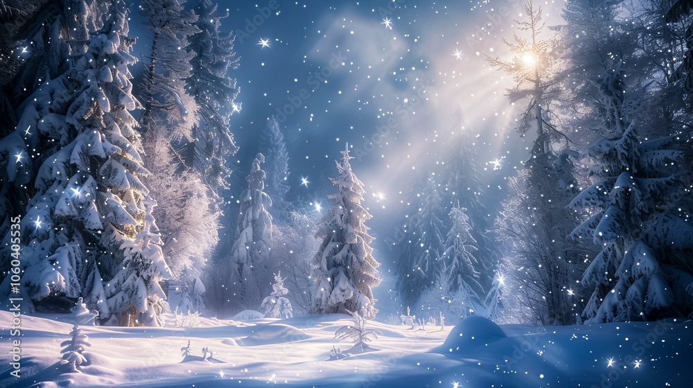 Fototapeta premium An enchanting winter wonderland with snow-covered trees, twinkling icicles, and a star-filled night sky.