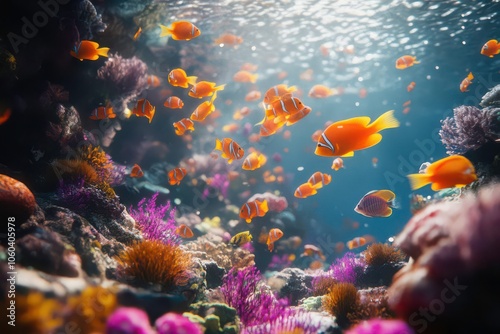 A school of fish darting in slow motion through coral reefs, vibrant colors of the underwater world glowing in the soft sunlight filtering from above