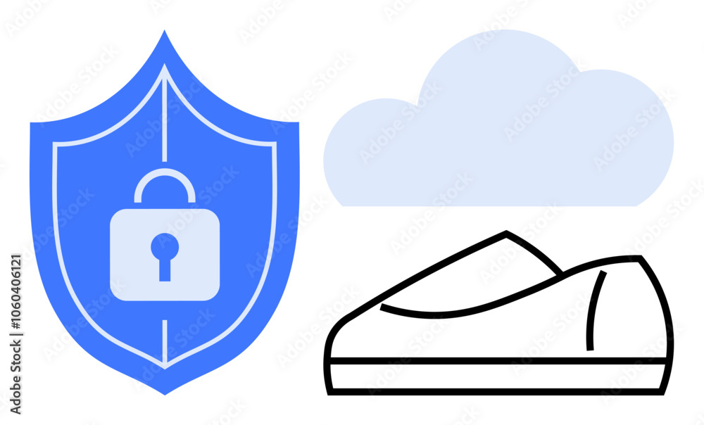 Blue security shield with padlock, light blue cloud, and black outlined shoe. Ideal for cybersecurity concepts, online safety, data protection, cloud storage, security services, online shopping. Line Blue security shield with padlock, light blue cloud, and black outlined shoe. Ideal for cybersecurity concepts, online safety, data protection, cloud storage, security services, online shopping. Line