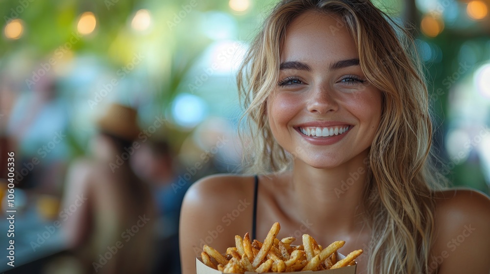 A smiling woman holds a large serving of fries, enjoying a vibrant outdoor dining atmosphere. A smiling woman holds a large serving of fries, enjoying a vibrant outdoor dining atmosphere.
