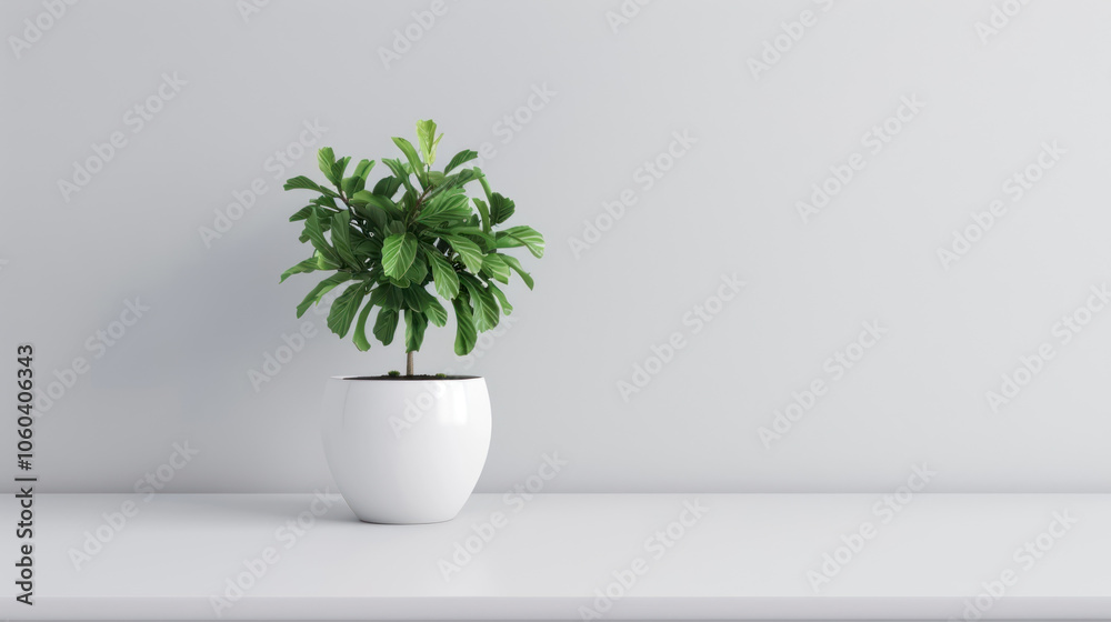 A simple indoor plant in a white pot rests on a clean, minimalistic countertop against a light gray wall, enhancing the serene decor. A simple indoor plant in a white pot rests on a clean, minimalistic countertop against a light gray wall, enhancing the serene decor.