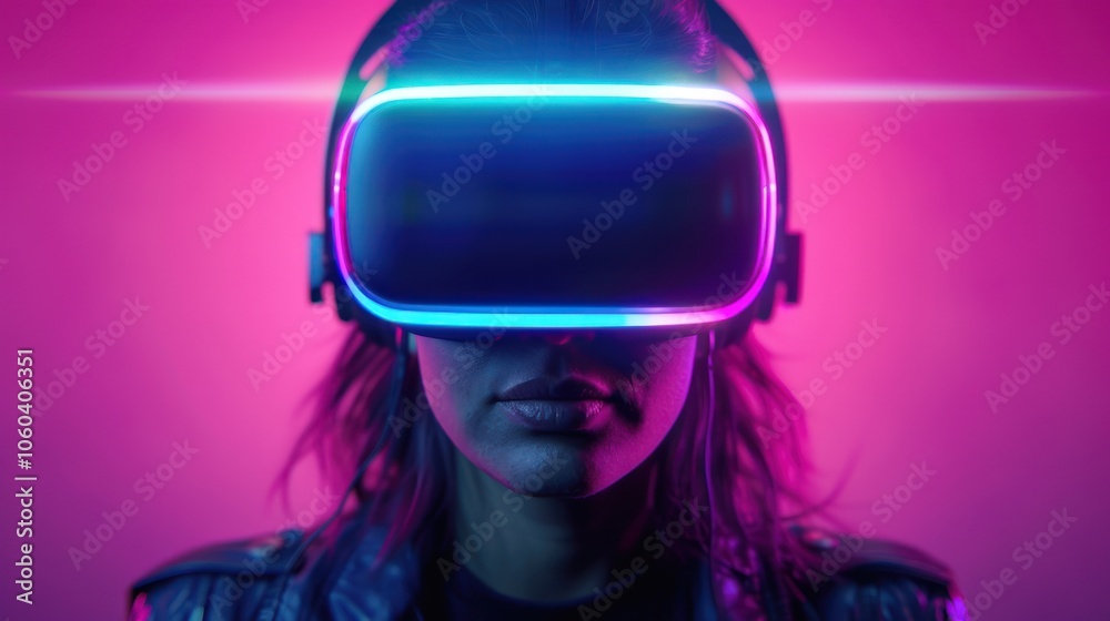A person wearing a brightly lit virtual reality headset against a vibrant pink background, embodying modern technology and immersive experiences. A person wearing a brightly lit virtual reality headset against a vibrant pink background, embodying modern technology and immersive experiences.