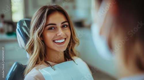 A woman in a dentist chair talking to her dentist
