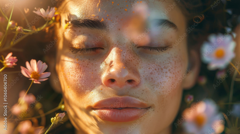 Intimate close up of persons face in meditation surrounded by flowers, conveying sense of peace and tranquility. soft light enhances serene expression and natural beauty Intimate close up of persons face in meditation surrounded by flowers, conveying sense of peace and tranquility. soft light enhances serene expression and natural beauty