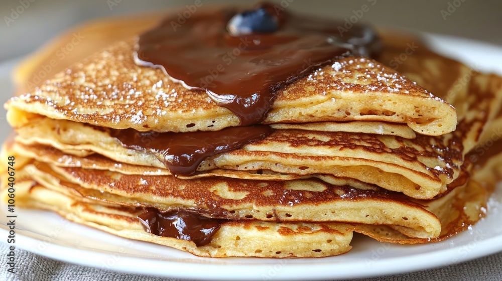 Stack of golden pancakes drizzled with chocolate and topped with a blueberry. Stack of golden pancakes drizzled with chocolate and topped with a blueberry.