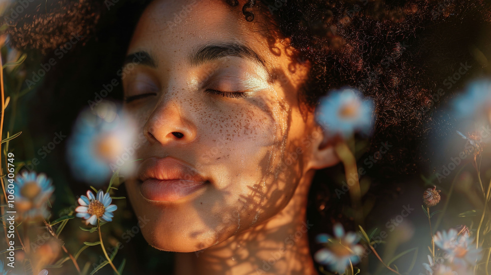 serene close up of persons face in meditation, surrounded by delicate flowers, capturing moment of tranquility and connection with nature. soft light enhances peaceful expression serene close up of persons face in meditation, surrounded by delicate flowers, capturing moment of tranquility and connection with nature. soft light enhances peaceful expression
