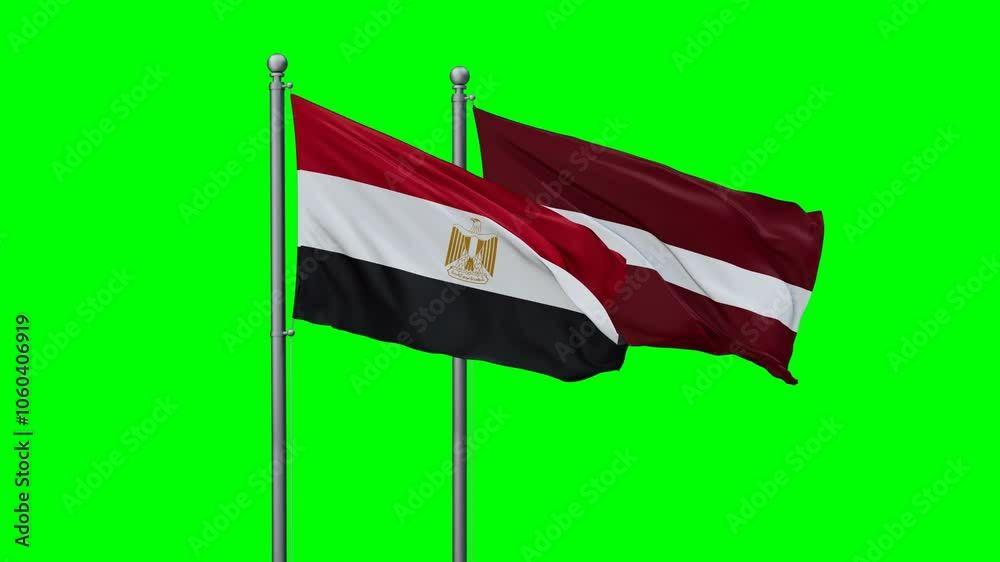 Latvia and Egypt flags flying together, video concept of the relationship with colored chroma key for easy background remove, two country cooperation concept