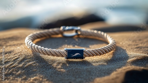 A close-up of a rope bracelet with a metal clasp, lying on a sandy beach. The sunlight shines on the sand.