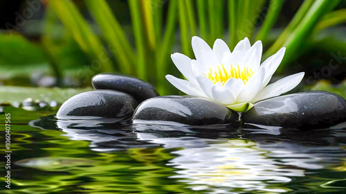 A white water lily surrounded by black zen stones on the water’s surface, creating a peaceful and harmonious ambiance. Ideal for promoting relaxation, meditation, and spa-themed content.