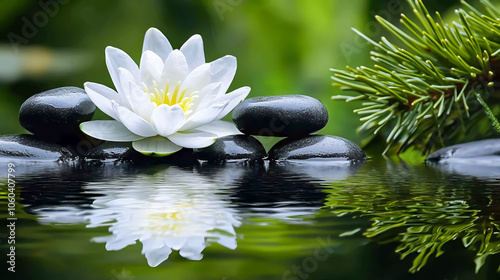 Zen basalt stones arranged with a delicate water lily flower on a white background, creating a serene and harmonious scene perfect for wellness, relaxation, and mindfulness themes.