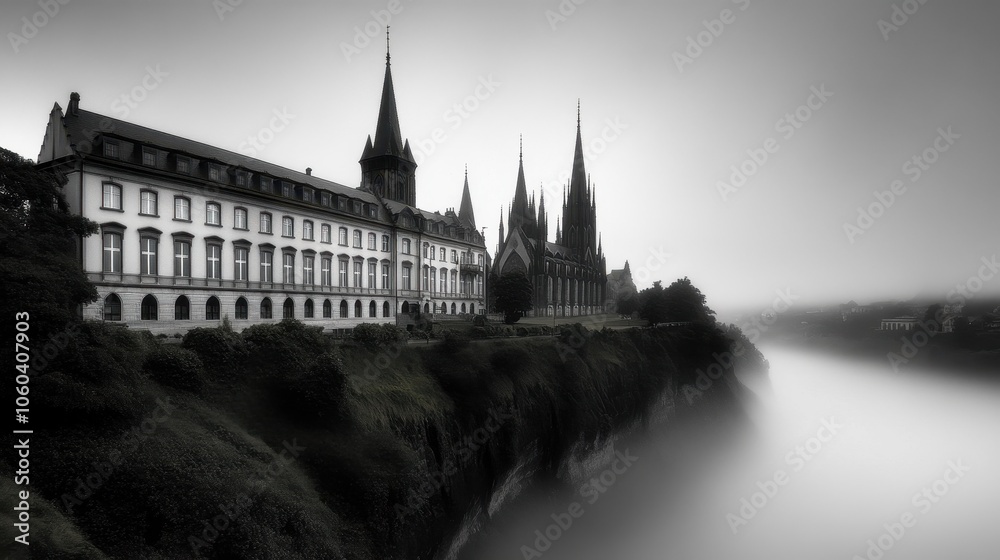 Fototapeta premium Enchanting Cathedral Overlooking a Misty Landscape