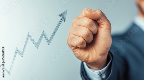 A businessman showing a raised fist with a graph arrow, symbolizing success and growth.