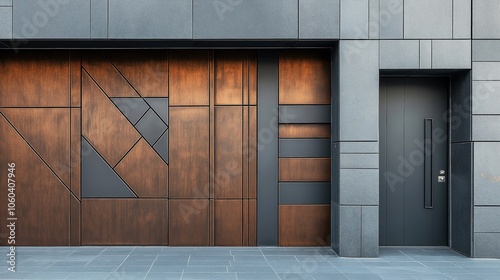 Contemporary building facade featuring geometric wooden panels and a modern dark entrance door with metal accents and minimalist design. photo