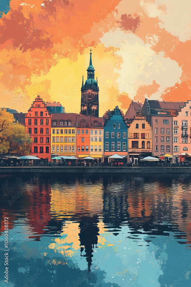 Obraz premium Hanover, Germany, Pop Art style theme print. Cityscape, city skyline.Vibrant, bright, modern, trendy, graphic designed for poster, card, wallpaper