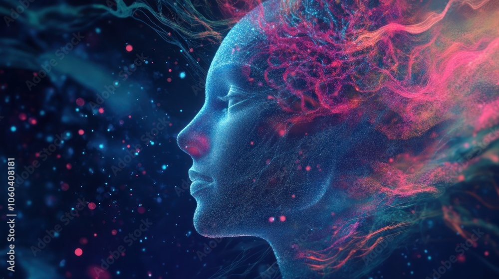 An artistic representation of a digital human face, with flowing data streams and particles emanating from it An artistic representation of a digital human face, with flowing data streams and particles emanating from it
