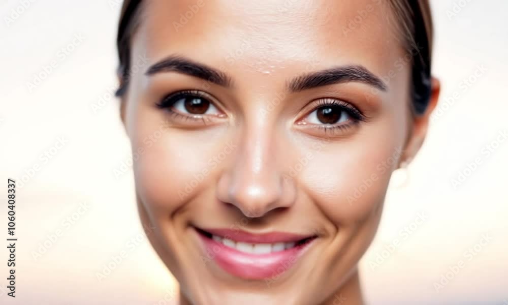 Close-up of a smiling young woman with clear skin, warm lighting highlights her features against a soft background Close-up of a smiling young woman with clear skin, warm lighting highlights her features against a soft background