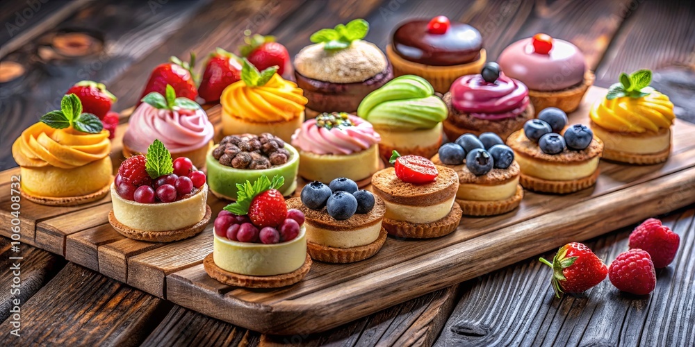 Fototapeta premium A Delectable Array of Miniature Desserts Adorned with Fresh Berries and Whipped Cream, Presented on a Rustic Wooden Platter