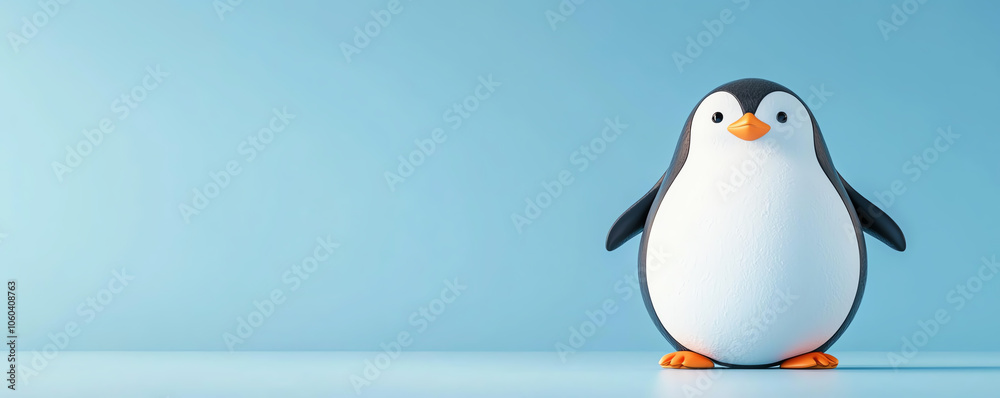 Obraz premium Playful penguin beside white mockup board, ice-themed, 3D illustration