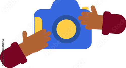 Vector illustration of hands taking a picture with a colorful camera in a flat cartoon style. Festivals and picturesque places. Tourism, traveling in pictures. Photography. The illustration is suitabl