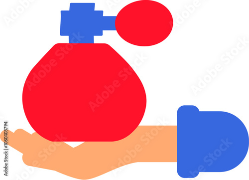 Vector illustration of a hand holding a bottle of a French perfume in a flat cartoon style. The classic and timeless style of French fashion and fragrances. Perfumery and beauty products. The illustra