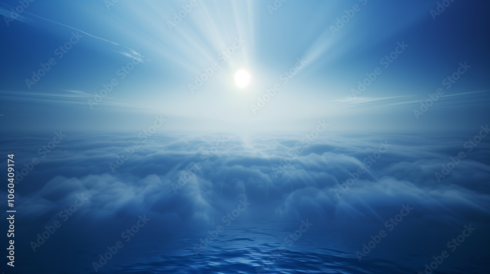 A dark blue sky with a sun rising in the distance. The sky is filled with clouds and the sun is barely visible A dark blue sky with a sun rising in the distance. The sky is filled with clouds and the sun is barely visible