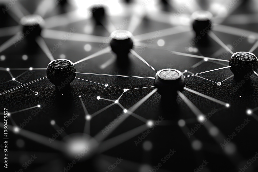 Abstract representation of a network with nodes and connections on a dark background. Abstract representation of a network with nodes and connections on a dark background.