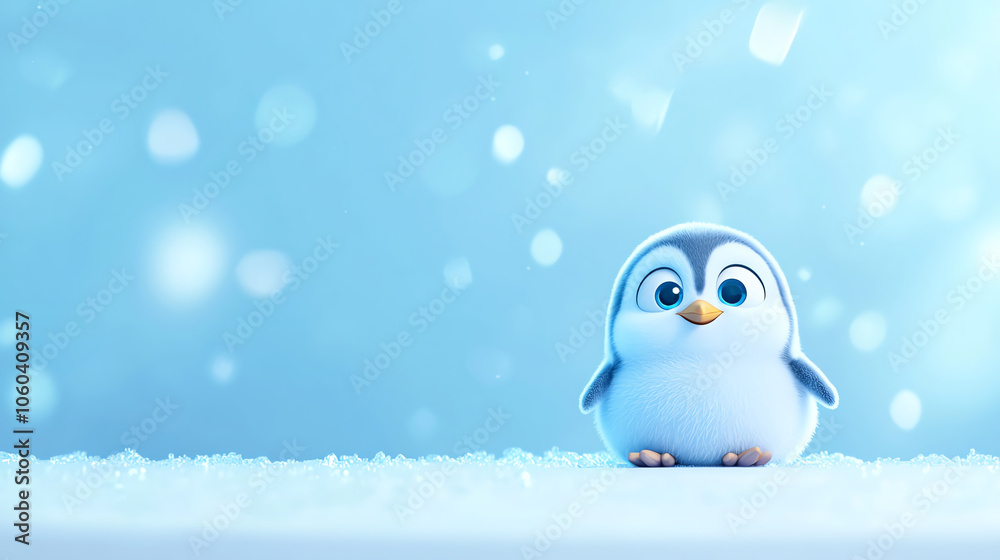 Obraz premium Baby penguin sitting by blank white board, icy theme, 3D illustration